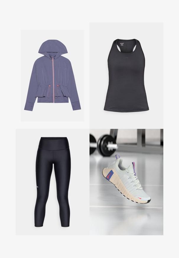 Lichtpaarse jas met een capuchon, voorzien van een roze rits en een trekkoord in de taille. Vriendelijke textuur en ontspannen pasvorm, met subtiele stikseldetails.; Zwarte atletische tanktop met een racerback-ontwerp, gemaakt van glad, rekbaar materiaal met minimale naden en een logodetail aan de voorkant.; Zwarte leggings van glad, rekbaar materiaal. Hoog ingezette taille met een nauwsluitende pasvorm en een klein logo op het linkerpedaal.; Sneaker met een lichtgrijs mesh bovenwerk, gevoerde kraag en een textuur crème zool. Bevat roze en blauwe accenten en een zwarte rubberen loopvlak.