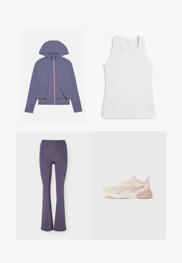 Chaqueta de color púrpura claro con capucha, que presenta una cremallera rosa y un cordón en la cintura. Textura suave y corte relajado, con un sutil detalle de costuras.; Camiseta deportiva blanca sin mangas con escote redondeado y diseño de espalda estilo racerback. Hecha de tela suave con una silueta ajustada y un logo de la marca sutil.; Leggings deportivos morados con campana, cintura alta y bolsillos laterales, con un pequeño logo negro de Puma en la parte superior de la pierna izquierda.; Zapatillas ligeras con un diseño en beige y rosa pálido, parte superior de malla, suela acolchada y sutiles acentos de logotipo en el lateral.