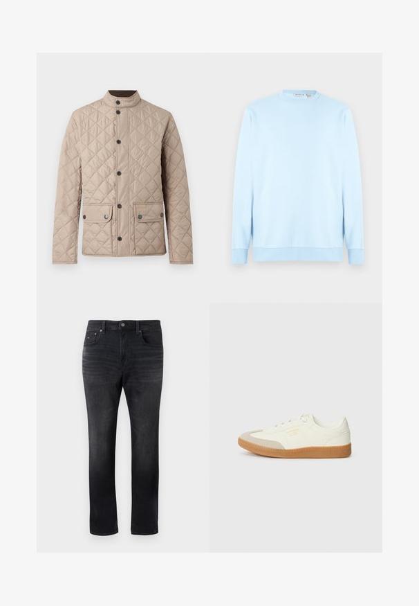 Barbour LOWERDALE JACKET - Ελαφρύ μπουφάν - washed stone/classic; Ανοιχτό γαλάζιο φούτερ με μακριά μανίκια και στρογγυλή λαιμόκοψη, κατασκευασμένο από μαλακό υλικό. Διαθέτει ριμπ μανσέτες και τελείωμα, με απλή, ομαλή υφή.; Μαύρα τζιν slim-fit με ξεθωριασμένο φινίρισμα, σχέδιο πέντε τσεπών, κλείσιμο με κουμπί και διακριτό λογότυπο μάρκας στην μπροστινή δεξιά τσέπη.; Αθλητικά παπούτσια από λευκό δέρμα με μπεζ κάλυμμα δαχτύλων και ανοιχτό καφέ καουτσούκ σόλα. Έχουν επίπεδες λευκές κορδόνες και ανάγλυφο λογότυπο στο πλάι.