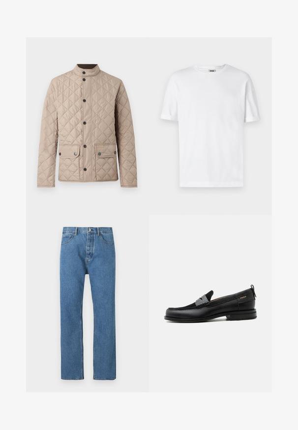 Barbour LOWERDALE JACKET - Jas - washed stone/classic; Witte katoenen t-shirt met een ronde hals, korte mouwen en omgeslagen mouwen; ongecompliceerd ontwerp, zachte textuur en rechte snit.; Lichtblauwe spijkerbroek met rechte pijpen, vijf zakken, een knoopsluiting en subtiele stiksel details langs de naden.; Zwarte leren loafer met grijs riemdetailelement, lage hak en gestructureerde zool, aan de zijkant gebrandmerkt met "HUGO" in goud.