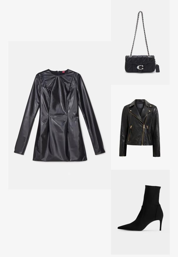 Chaqueta de motociclista de cuero negro con detalles dorados, que presenta un cierre de cremallera asimétrico, múltiples bolsillos con cremallera y un cuello.; 032c TRAPEZE TOO TIGHT MINI DRESS - Vestido de cóctel - black luster; Botín negro hasta el tobillo con punta afilada y tacón alto y delgado, mostrado de perfil sobre un fondo claro. Diseño elegante y minimalista.; COACH QUILTED TABBY SHOULDER WITH CHAIN - Bolso de mano - black