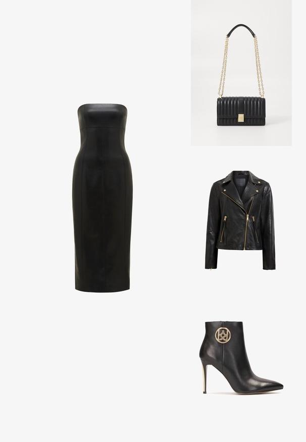 Chaqueta de motociclista de cuero negro con detalles dorados, que presenta un cierre de cremallera asimétrico, múltiples bolsillos con cremallera y un cuello.; Vestido de cuero negro, sin tirantes, con una silueta ajustada, de longitud hasta la rodilla, textura suave y costuras verticales para mayor definición.; Botín de cuero negro hasta el tobillo con punta afilada, tacón alto de aguja y un acento de logo circular dorado en el costado. Textura suave y diseño elegante.; Bolso de mano de cuero negro con diseño acolchado, cadena dorada y correa de cuero para el hombro, forma rectangular, con un detalle metálico en el cierre.