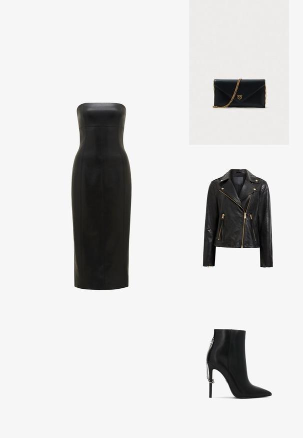 Chaqueta de motociclista de cuero negro con detalles dorados, que presenta un cierre de cremallera asimétrico, múltiples bolsillos con cremallera y un cuello.; Vestido de cuero negro, sin tirantes, con una silueta ajustada, de longitud hasta la rodilla, textura suave y costuras verticales para mayor definición.; Botín de cuero negro con tacón alto, punta afilada y detalle de cadena plateada colgando del talón trasero.; Clutch sobre de cuero negro con una cadena dorada y un emblema dorado. Presenta una textura suave y una forma estructurada.