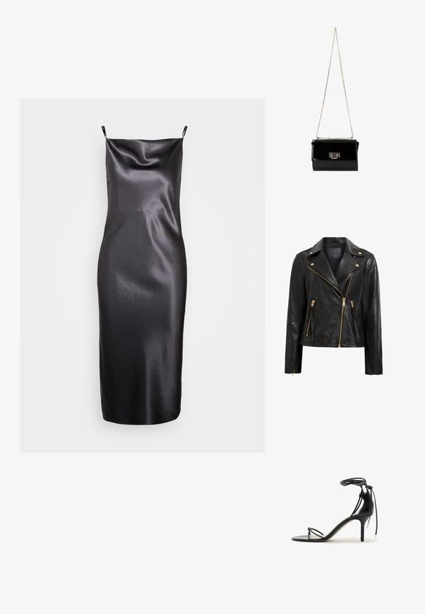 Schwarze Motorrad-Lederjacke mit goldenen Beschlägen, asymmetrischem Reißverschluss, mehreren Reißverschlusstaschen und einem Kragen.; Samsøe Samsøe FREDERICKA LONG DRESS - Cocktailkleid/festliches Kleid - ombre dark; Schwarze Sandalette mit dünnen Riemchen, Knöchelband und mittelhohem Stilettabsatz auf weißem Hintergrund.; Schwarz glänzende Handtasche aus Lackleder mit einem goldenen Kettenriemen, rechteckige Form, mit einem Verschluss mit Klappe und einem metallischen Logo-Akzent.