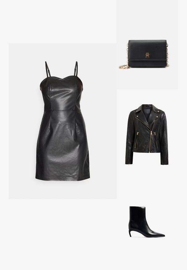 Sort læder motorcykeljakke med guld hardware, der har en asymmetrisk lynlås, flere lynlås lommer og krave.; ONLY ONLDINA FAUX LEATHER DRESS - Cocktailkjole / festkjole - black; Sort læderankelstøvle med spidse tæer og en lille, slank hæl. Glat tekstur med et strømlinet, minimalistisk design.; Sort faux læder crossbody taske med en guldkæde rem, der har en magnetisk flap lukning og prægede logo detaljer på forsiden.