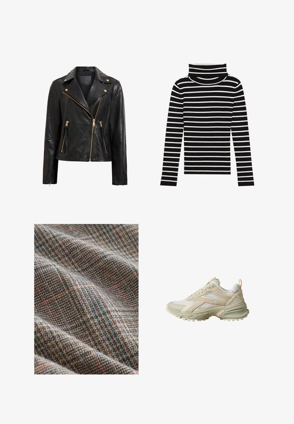 Sort læder motorcykeljakke med guld hardware, der har en asymmetrisk lynlås, flere lynlås lommer og krave.; Stribet sort/hvid turtleneck sweater, ribbet tekstur, tætsiddende design, lange ærmer, høj krave, jævn afstand mellem striberne.; Brunt og beige tweedstof med røde og blå ternede linjer, der viser tekstureret vævning og bløde folder.; Lysebeige og cremefarvet atletiksneakers med mesh- og ruskindspaneler, tyk sål og træksløjfe ved hælen.