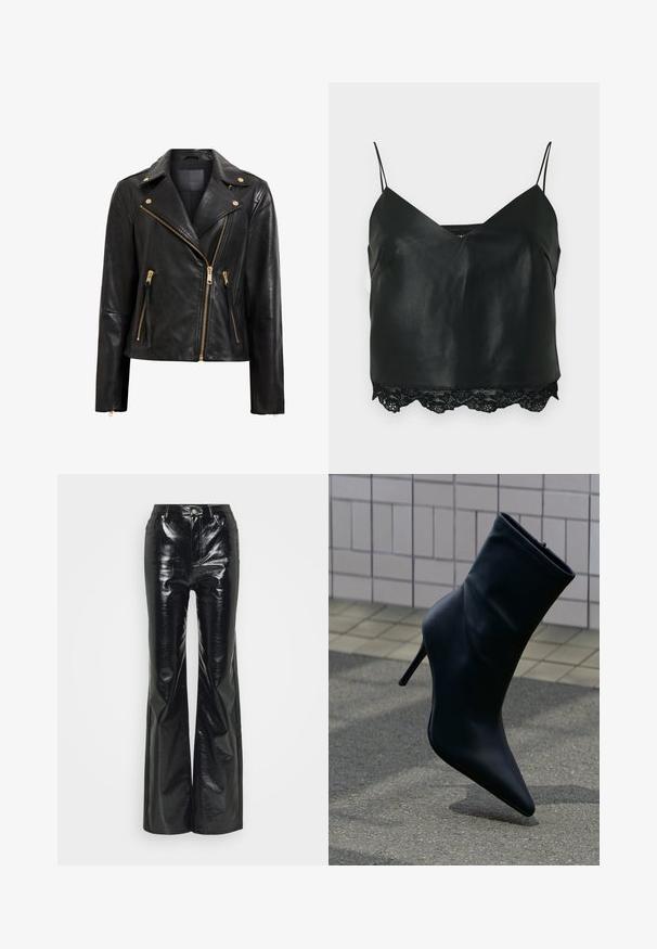 Chaqueta de motociclista de cuero negro con detalles dorados, que presenta un cierre de cremallera asimétrico, múltiples bolsillos con cremallera y un cuello.; Camisola de cuero negro con tirantes finos, que presenta un escote en V profundo y un borde de encaje en el dobladillo, creando un contraste de textura en capas.; Pantalones de imitación de cuero negros con un acabado brillante, con cintura alta, bolsillos frontales y detalles en hardware plateado.; Bota de cuero negro para el tobillo con puntera puntiaguda y tacón de aguja alto sobre una acera de baldosas y fondo de suelo asfaltado.