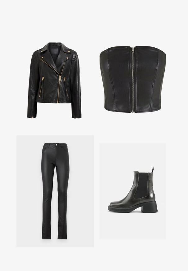 Chaqueta de motociclista de cuero negro con detalles dorados, que presenta un cierre de cremallera asimétrico, múltiples bolsillos con cremallera y un cuello.; Top de corsé de cuero negro con un ajuste estructurado. Presenta una cremallera central de plata y detalles de costura a lo largo del cuerpo. Textura suave.; Pantalones de imitación cuero negros con un ajuste slim, que cuentan con un cierre de botón en el frente, dos bolsillos delanteros y un dobladillo ligeramente acampanado en la parte inferior.; Botas de cuero negras hasta el tobillo con un acabado liso, paneles laterales elásticos y un tacón grueso. Cuenta con una pestaña para facilitar su colocación.