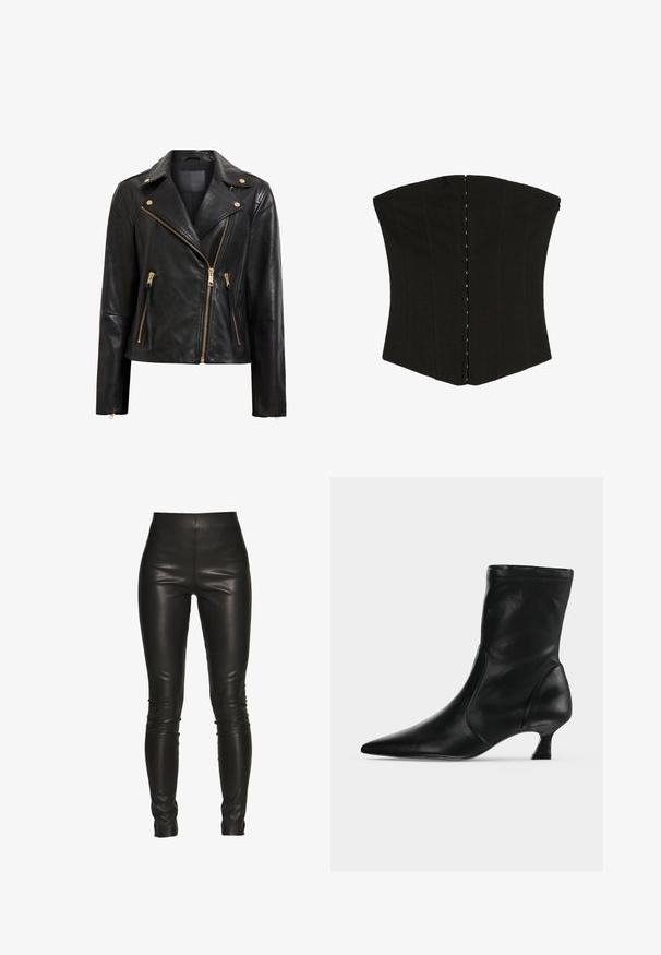 Schwarze Motorrad-Lederjacke mit goldenen Beschlägen, asymmetrischem Reißverschluss, mehreren Reißverschlusstaschen und einem Kragen.; Schwarzes trägerloses Korsett mit vorderen Haken- und Ösenverschlüssen und vertikalen Nahtdetails.; Schwarze Lederleggings mit hoher Taille, schlankem Schnitt, glatter Textur und ohne sichtbare Nähte oder Hardwaredetails.; Schwarzer Leder-Stiefel bis zur Mitte der Wade mit spitzer Schuhspitze und niedrigem Kittenabsatz, seitlich auf hellem einfarbigem Hintergrund gezeigt.