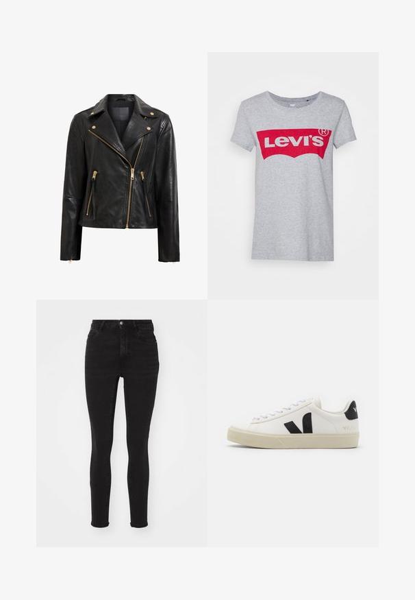 Chaqueta de motociclista de cuero negro con detalles dorados, que presenta un cierre de cremallera asimétrico, múltiples bolsillos con cremallera y un cuello.; Camiseta de algodón gris con un gran logo rojo de Levi's en el pecho, con un clásico escote redondo y mangas cortas.; Vaqueros skinny de mezclilla negra con cintura alta, que cuentan con cinco bolsillos, una cremallera en la parte frontal y un botón metálico. Textura suave con ligero estiramiento.; Zapatilla de cuero blanca con logo V de goma negra. Suela texturizada en blanco roto, cordones blancos y detalle en el talón trasero con el nombre de la marca en negro.