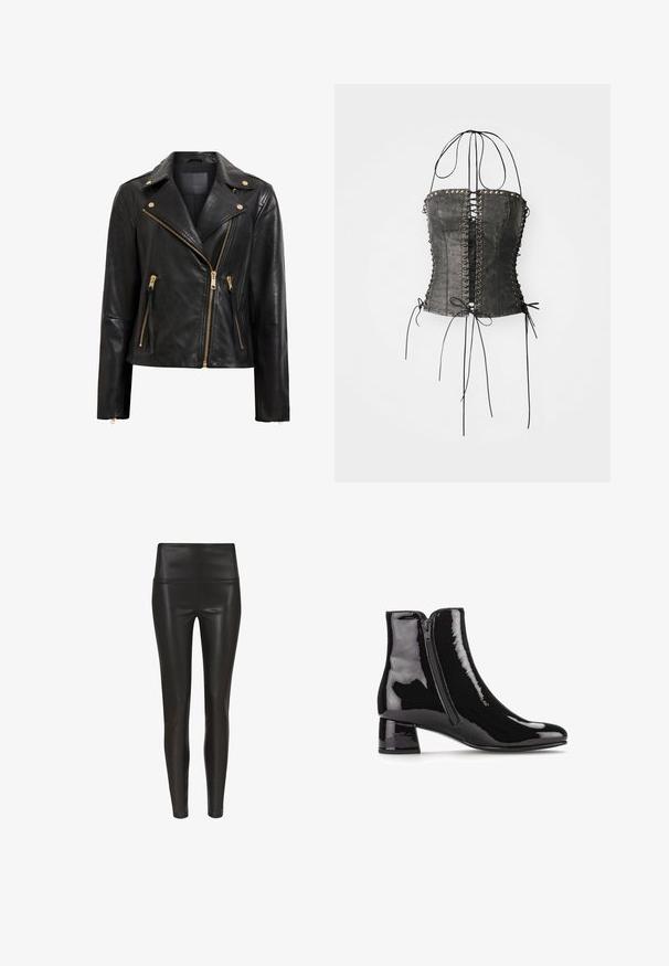 Chaqueta de motociclista de cuero negro con detalles dorados, que presenta un cierre de cremallera asimétrico, múltiples bolsillos con cremallera y un cuello.; Jaded London LONGLINE LACE UP HALTER CORSET - Top - black; Leggings de cuero sintético negros de talle alto, con un acabado suave y brillante, y una silueta ajustada que se estrecha en el tobillo. Sin costuras visibles.; Botines de charol negro con punta afilada, cremallera lateral y tacón cuadrado. Textura suave con un acabado de alto brillo.