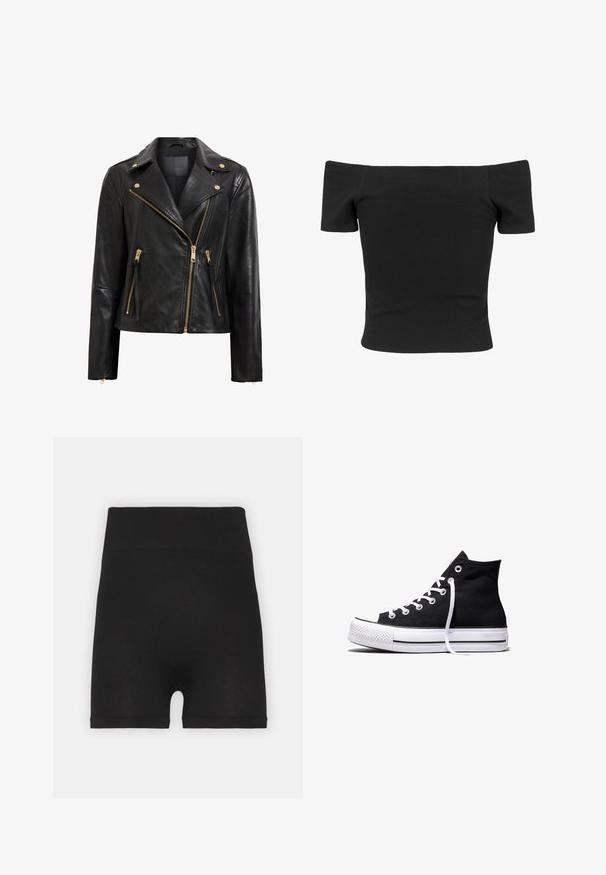 Schwarze Motorrad-Lederjacke mit goldenen Beschlägen, asymmetrischem Reißverschluss, mehreren Reißverschlusstaschen und einem Kragen.; Schwarzes, gerippte, schulterfreies Top mit kurzen Ärmeln, figurbetonter Form, glatter Textur und einem klaren, schlichten Design.; Schwarze, gerippte Biker-Shorts mit hohem Bund und weicher Textur, die ein glattes Finish und keine sichtbaren Nähte aufweisen.; Schwarzer High-Top-Canvas-Sneaker mit weißer Gummisohle und weißen Schnürsenkeln, seitlich dargestellt vor weißem Hintergrund.
