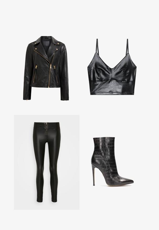 Schwarze Motorrad-Lederjacke mit goldenen Beschlägen, asymmetrischem Reißverschluss, mehreren Reißverschlusstaschen und einem Kragen.; Schwarzer, glänzender Bralette mit dünnen verstellbaren Trägern, V-Ausschnitt, glatter Textur und dezentem Gather an der Brust für eine schöne Form.; Schwarze Kunstleder-Leggings mit hoher Taille und einem Frontreißverschluss. Glatte Textur, schmale Passform und knöchellanges Design.; Schwarze Lederstiefeletten mit Krokodillederstruktur, spitzer Zehenform und hohem Stiletto-Absatz, mit glänzender Oberfläche.