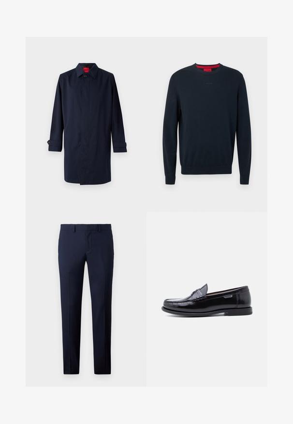 Abrigo trench de color azul marino con cuello puntiagudo, cierre de un botón y mangas enrollables con detalles de botones. Textura suave, diseño minimalista.; Suéter de cuello redondo azul marino hecho de tela suave. Cuenta con mangas largas, puños acanalados y un pequeño logo en relieve en el frente.; Pantalones ajustados de color azul marino con corte entallado, piernas rectas, textura suave y presillas para cinturón, adecuados para vestimenta formal o de negocios.; Mocasines de cuero negro con acabado brillante, que presentan un diseño cosido en la puntera y una suela baja de goma negra texturizada.