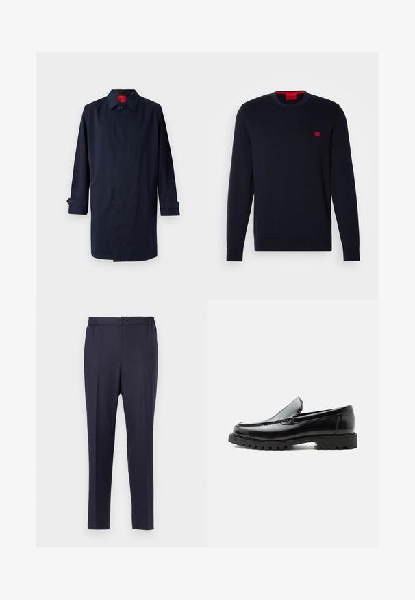 Marinblauer Trenchcoat mit spitzem Kragen, Ein-Knopf-Verschluss und hochrollbaren Ärmeln mit Knopfdetails. Gepflegte Textur, minimalistisches Design.; Navyblaues Strickpullover mit Rundhalsausschnitt, gerippten Bündchen und Saum sowie einem kleinen roten Logo auf der Brust. Glatte Textur, lässiges Design.; Navyblaue Hose mit flacher Front, elastischem Bund und Knopfverschluss. Gerader Schnitt und glatte Textur, geeignet für formelle oder legere Anlässe.; Schwarzer Lederloafer mit grober Gummisohle, genähter Oberseite und geprägtem Markennamen an der Ferse, seitlich auf weißem Hintergrund gezeigt.