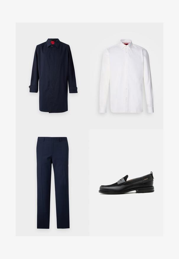 Tumesinine trench coat, millel on terav krae, ühe nööbiga kinni pandud ja üleskeeratud varrukad, millel on nööbiga aksendid. Sile tekstuur, minimalistlik disain.; Valge puuvillane pikkade varrukatega särk, millel on klassikaline krae, nööpidega esikinnis ja sile tekstuur. Punane sisekrae detail.; Navy sinine püksid reguleeritud lõikega, millel on sile tekstuur, teravad voldid ja sirge esikülje disain. Peidetud luku tõmblukk.; Must nahast loafer halli rihma detailiga, madala kand ja tekstuurse tallaga, külgedel kuldse "HUGO" brändiga.