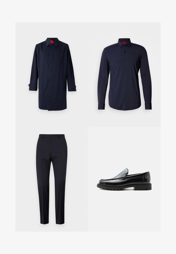 Marinblauer Trenchcoat mit spitzem Kragen, Ein-Knopf-Verschluss und hochrollbaren Ärmeln mit Knopfdetails. Gepflegte Textur, minimalistisches Design.; Dunkelblauses Langarm-Hemd mit Knopfleiste aus glattem Stoff, ausgestattet mit einem Kentkragen, schwarzen Knöpfen und Manschetten mit einer schlanken Passform.; Marineblaue maßgeschneiderte Hosen, mit flachem Frontschnitt, slim fit, mit Gürtelschlaufen und Seitentaschen. Glattes Material mit einem klaren Finish, ohne sichtbare Muster oder Akzente.; Schwarzer Lederloafer mit grober Gummisohle, genähter Oberseite und geprägtem Markennamen an der Ferse, seitlich auf weißem Hintergrund gezeigt.