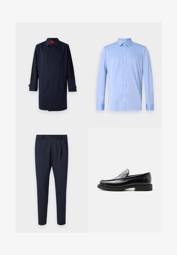 Marineblauwe trenchcoat met een puntige kraag, enkele knoopsluiting en opgerolde mouwen met knoopaccenten. Gladde textuur, minimalistisch ontwerp.; Lichtblauwe overhemd met lange mouwen, een klassieke kraag en witte knopen. De stof lijkt glad met een subtiele textuur.; Marineblauwe broek van gladde stof, met plooien, een ritssluiting en knoopsluiting, zijzakken en een taps toelopend ontwerp.; Zwarte leren loafer met dikke rubberen zool, gestikte bovenkant en gegraveerde merknaam op de hiel, zijaanzicht op witte achtergrond.