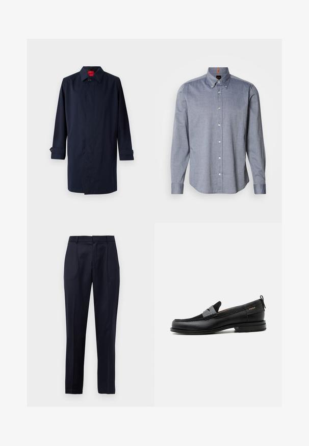 Manteau en bleu marine avec un col pointu, fermeture à un bouton et manches retroussées avec des accents de boutons. Texture lisse, design minimaliste.; Chemise à boutons à carreaux bleus avec col, manches longues et boutons blancs. Présente une texture tissée et un accent orange au niveau du col.; Pantalon de costume bleu marine avec plis sur le devant, passants de ceinture et une coupe effilée, sur fond blanc.; Mocassin en cuir noir avec détail de bride grise, talon bas et semelle texturée, marqué "HUGO" en or sur le côté.