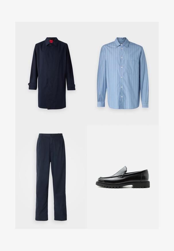 Abrigo trench de color azul marino con cuello puntiagudo, cierre de un botón y mangas enrollables con detalles de botones. Textura suave, diseño minimalista.; Camisa de botones azul clara con rayas verticales de diferentes anchos, con cuello puntiagudo, mangas largas y un bolsillo en el pecho.; Pantalones azul marino de mezcla de algodón. Cuentan con un diseño de pierna recta, cierre frontal con boton, y pliegues sutiles. Textura suave.; Mocasín de cuero negro con suela de goma gruesa, empeine cosido y nombre de la marca en relieve en el talón, mostrado en perfil lateral sobre fondo blanco.