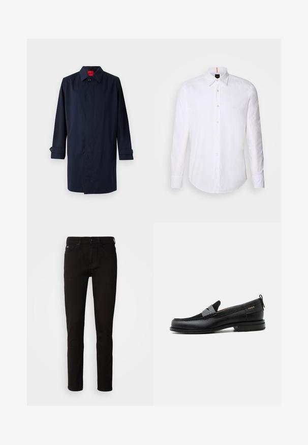 Marinblauer Trenchcoat mit spitzem Kragen, Ein-Knopf-Verschluss und hochrollbaren Ärmeln mit Knopfdetails. Gepflegte Textur, minimalistisches Design.; Weiße langärmlige Button-Down-Hemd aus Baumwolle, mit klassischem Kragen, subtiler Logo-Detailierung auf der Brust und weißen Knöpfen.; Schwarze Denim-Jeans mit geradem Bein, Reißverschluss und einem Fünf-Taschen-Design. Der Stoff hat eine glatte Textur ohne sichtbare Muster.; Schwarzer Lederloafer mit grauem Riemendetail, niedrigem Absatz und strukturierter Sohle, seitlich mit „HUGO“ in Gold gebrandmarkt.