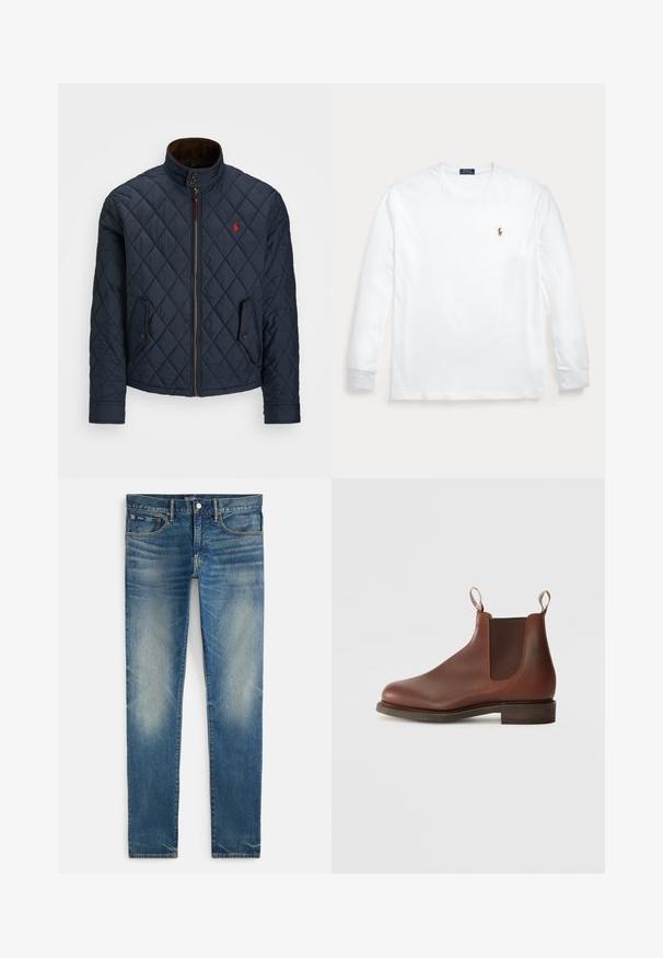 Marineblå quiltet jakke med høj krave, lynlås lukning, to knappede lommer og et lille rødt emblem på brystet. Blød tekstur.; Hvid langærmet rundhalset skjorte med lille broderet Polo Ralph Lauren-logo på venstre bryst.; Blå falmede smalle jeans med knappelukning og lynlås, forlommer og lille møntlomme, vist fladt på hvid baggrund.; Brune læder Chelsea støvle med elastiske sidepaneler, træktab og en lav stablet hæl. Glat tekstur med rund tå og minimal detaljering.