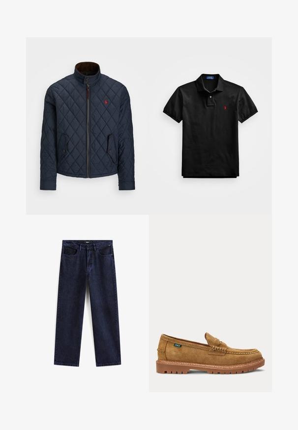 Marineblå quiltet jakke med høj krave, lynlås lukning, to knappede lommer og et lille rødt emblem på brystet. Blød tekstur.; Sort polo-shirt lavet af bomuld, med klassisk krave, to-knaps lukning, korte ærmer, og et lille rødt broderet logo på brystet.; Mørkeblå lige ben jeans med forlommer, bæltestropper, knaplukning og Vans-logo på taljen og lommen.; Tan farvet ruskind penny loafer med syet moc toe, robust gummisål og et lille grønt stofmærke på siden.