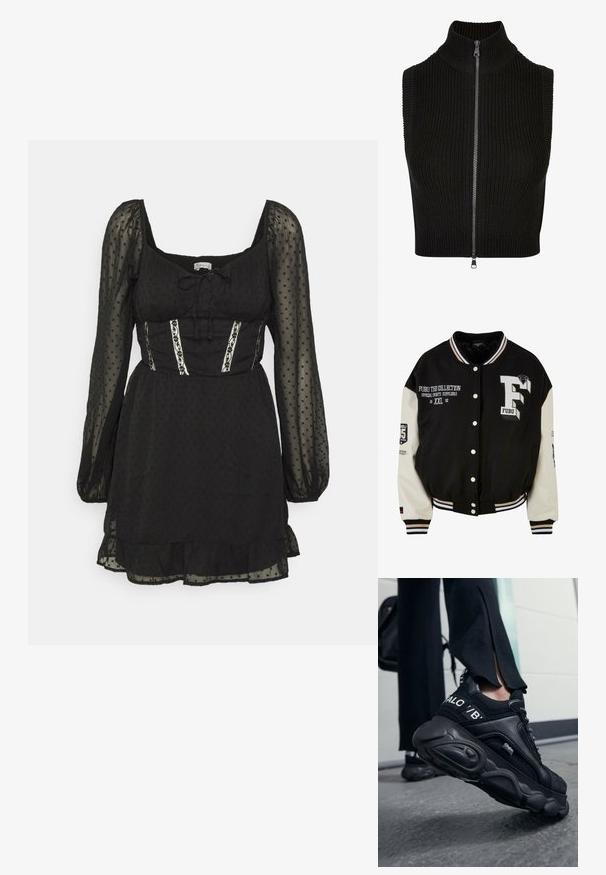 Chaqueta universitaria negra con mangas crema, que presenta un logo FUBU bordado, detalles en texto y botones a presión. Cuello y puños acanalados. Talla XXL.; Top negro sin mangas con cuello alto, textura acanalada y cremallera frontal completa. Diseño simple sin patrones ni acentos adicionales.; Hollister Co. PRETTY CORSET DRESS - Vestido de cóctel - black lace; Primer plano de una persona que lleva zapatillas negras Buffalo con suelas gruesas, de pie sobre un suelo de hormigón gris, con pantalones negros y una mochila.
