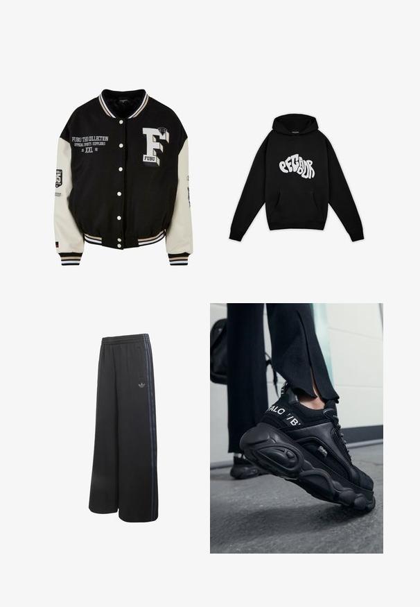 Sort varsity-jakke med cremefarvede ærmer, der har broderet FUBU-logo, tekstdetaljer og trykknapper. Ribbet krave og manchetter. Størrelse XXL.; Pegador PALUMA OVERSIZED HOODIE - Sweatshirt - black; Sorte bukser med vide ben, elastisk talje, sidelommer og tre mørkeblå striber ned langs siderne med Adidas-logo på det ene ben.; Close-up af en person iført sorte Buffalo sneakers med tykke såler, stående på en grå betongulv, iført sorte bukser og med en rygsæk.