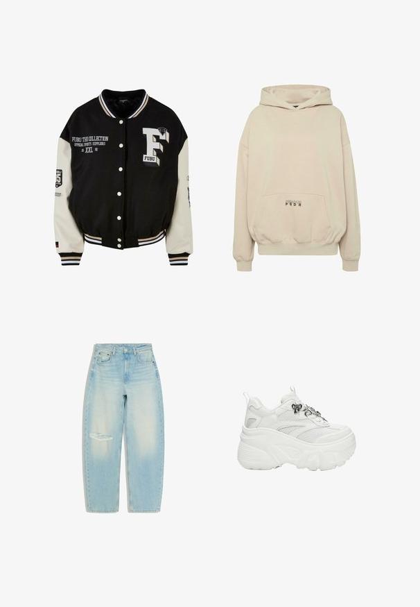 Schwarze Collegejacke mit cremefarbenen Ärmeln, ausgestattet mit gesticktem FUBU-Logo, Textdetails und Druckknöpfen. Gerippter Kragen und Bündchen. Größe XXL.; Beiger Hoodie mit Fronttasche, gerippten Bündchen und Kordelzugkapuze. "PECADOR PGDR" Schriftzug auf dem Taschenbereich.; Hellblaue Jeans mit hoher Taille, lockerer Passform und einem abgenutzten Riss am linken Oberschenkel, flach auf weißem Hintergrund liegend.; Weißer klobiger Plateausneaker mit Mesh-Einsätzen, dicker strukturierter Sohle, Zuglaschen und schwarzen Metall-Schleifen- und Ketten-Schnürsenkel-Dekorationen.