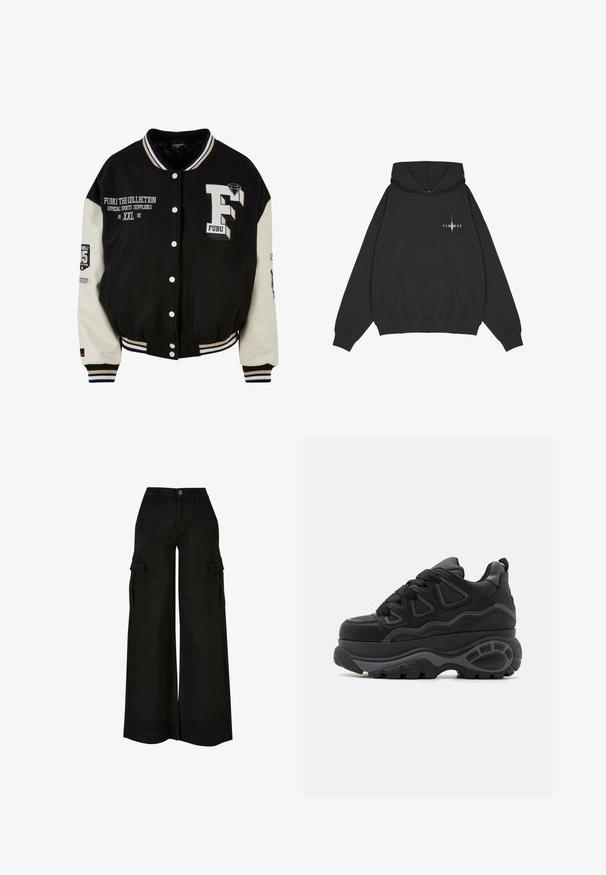 Schwarze Collegejacke mit cremefarbenen Ärmeln, ausgestattet mit gesticktem FUBU-Logo, Textdetails und Druckknöpfen. Gerippter Kragen und Bündchen. Größe XXL.; Pegador Kapuzenpullover - washed black; Schwarze, weit geschnittene Cargo-Hose mit hohem Bund, Frontknopf, Reißverschluss, Gürtelschlaufen und Klappentaschen an beiden Oberschenkeln.; Buffalo Skateschuh - black