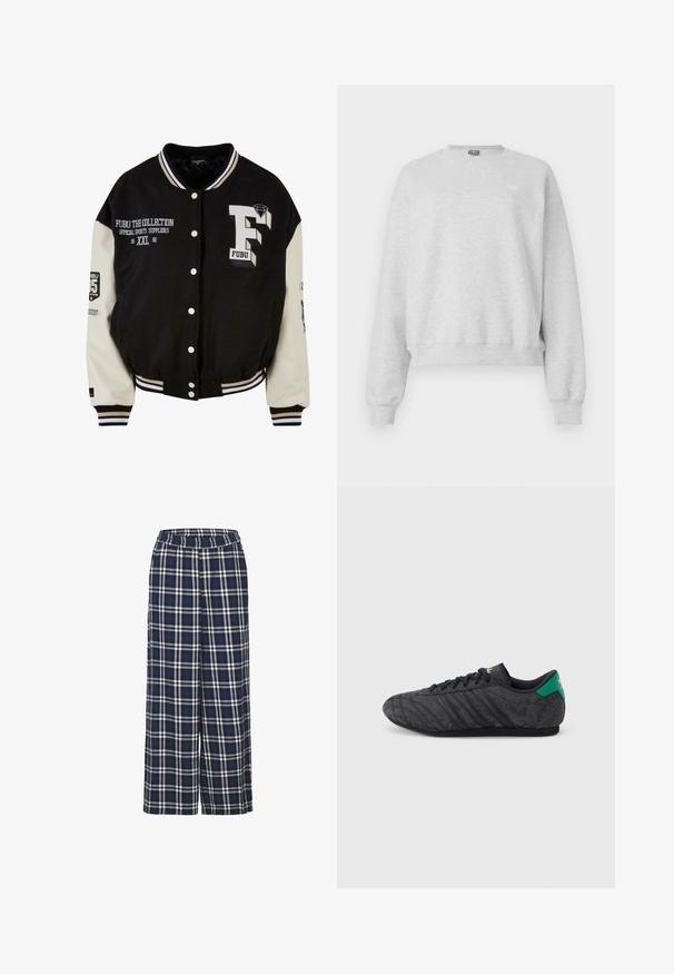 Schwarze Collegejacke mit cremefarbenen Ärmeln, ausgestattet mit gesticktem FUBU-Logo, Textdetails und Druckknöpfen. Gerippter Kragen und Bündchen. Größe XXL.; Grauer Pullover aus weichem Baumwoll-Mix mit rundem Halsausschnitt, langen Ärmeln und geripptem Saum. Kleines Logo-Detail auf der Vorderseite.; Weite Hosen im navyblauen Karomuster mit weißen und schwarzen Linien. Sie verfügen über einen elastischen Bund und eine weiche Stoffstruktur.; Schwarzer Sneaker mit niedrigem Profil und dezentem Blumenmuster, schwarzen Schnürsenkeln, grünem Fersenband und goldenem Logo auf Zunge und Ferse.