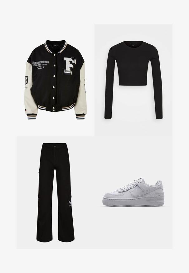 Schwarze Collegejacke mit cremefarbenen Ärmeln, ausgestattet mit gesticktem FUBU-Logo, Textdetails und Druckknöpfen. Gerippter Kragen und Bündchen. Größe XXL.; Monki Langarmshirt - black dark; Schwarze Cargo-Hosen mit lockerem Schnitt, aus strapazierfähigem Stoff. Mit Seitentaschen und weißen Logo-Details am Bein.; Graue Nike Air Force 1 Sneaker mit perforierter Zehenpartie, Obermaterial aus glattem Leder, dicker Sohle und geprägtem 'AIR'-Detail an der Ferse.