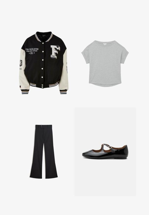 Schwarze Collegejacke mit cremefarbenen Ärmeln, ausgestattet mit gesticktem FUBU-Logo, Textdetails und Druckknöpfen. Gerippter Kragen und Bündchen. Größe XXL.; Hellgraues Kurzarm-T-Shirt mit umgeschlagenen Bündchen, rundem Ausschnitt und leicht gebogenem Saum, flach liegend.; Schwarze High-Waist-Hose mit weitem Bein, doppeltem Knopfverschluss am Bund und vorderlichem Reißverschluss, flach auf weißem Hintergrund präsentiert.; Schwarzer Mary Jane flacher Schuh aus Lackleder mit zwei Ausstanzungen und einem goldfarbenen Schnallenriemen auf weißem Hintergrund.