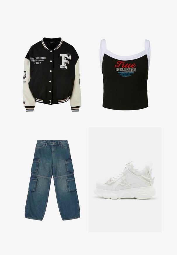 Chaqueta universitaria negra con mangas crema, que presenta un logo FUBU bordado, detalles en texto y botones a presión. Cuello y puños acanalados. Talla XXL.; Top corto negro con ribete blanco y texto bordado "True Religion" en rojo, blanco y azul en el pecho.; Pantalones cargo de mezclilla azul con un corte relajado, múltiples bolsillos cargo y cierre de botón en la cintura. Textura desgastada y piernas rectas.; Zapatilla blanca gruesa con suela gruesa y detalles decorativos de mariposas 3D en el lateral, los cordones y el talón.