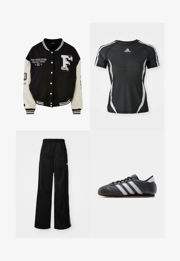 Sort varsity-jakke med cremefarvede ærmer, der har broderet FUBU-logo, tekstdetaljer og trykknapper. Ribbet krave og manchetter. Størrelse XXL.; Sort Adidas atletisk T-shirt med korte ærmer, hvide striber på skuldrene og sølvfarvede buede detaljer på siderne.; Sorte brede træningsbukser med elastisk talje, prydet med hvide side-striber og et lille logo på venstre hofte. Glat stofstruktur.; Sorte lædersportssko med hvide striber, rund tå, flad sål og snørelukning. Har perforeringer for åndbarhed.