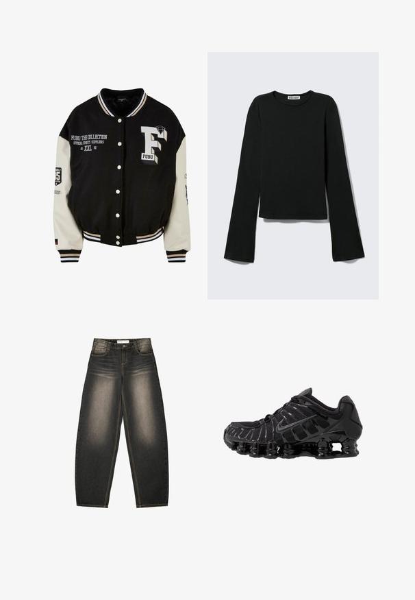 Sort varsity-jakke med cremefarvede ærmer, der har broderet FUBU-logo, tekstdetaljer og trykknapper. Ribbet krave og manchetter. Størrelse XXL.; Sort langærmet rundhalset skjorte med en figursyet silhuet og let udvidede ærmer, mærket med "Weekday" brandetiketten ved halsudskæringen.; Grå denim bredbenede jeans med let lysning, fem lommer, kontraststing og en afslappet pasform. Ingen synlige mønstre eller udsmykninger.; Sort atletisk sko med mesh-overdel og glatte overlays. Har buet spiralbøsningsdæmpning og strukturerede linjer på siden. Nike-logoet er synligt.