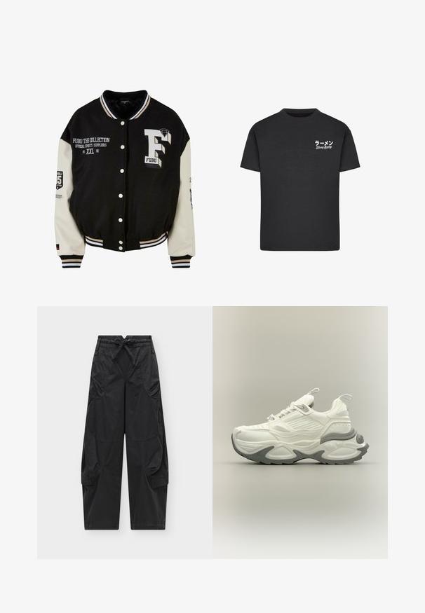Schwarze Collegejacke mit cremefarbenen Ärmeln, ausgestattet mit gesticktem FUBU-Logo, Textdetails und Druckknöpfen. Gerippter Kragen und Bündchen. Größe XXL.; Schwarzes Baumwoll-T-Shirt mit Rundhalsausschnitt. Mit weißem Text, einschließlich japanischer Schriftzeichen und "Slurp Away", auf der linken Brustseite.; Schwarze Cargohose mit elastischem Kordelzugbund, mehreren Front- und Seitentaschen und locker sitzenden geraden Beinen vor einfarbigem Hintergrund.; Weiß-grauer klobiger Sneaker mit strukturierter Sohle, Zuglaschen an Zunge und Ferse und detailliertem Paneeldesign am Obermaterial.