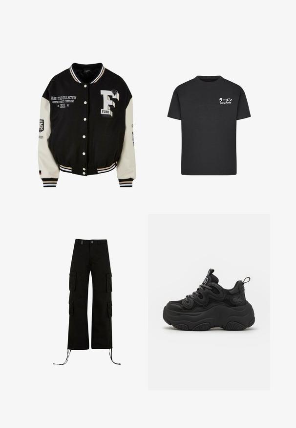 Schwarze Collegejacke mit cremefarbenen Ärmeln, ausgestattet mit gesticktem FUBU-Logo, Textdetails und Druckknöpfen. Gerippter Kragen und Bündchen. Größe XXL.; Schwarzes Baumwoll-T-Shirt mit Rundhalsausschnitt. Mit weißem Text, einschließlich japanischer Schriftzeichen und "Slurp Away", auf der linken Brustseite.; Schwarze Cargo-Hosen mit einer lockeren Passform, ausgestattet mit Cargo-Taschen an den Seiten, Kordelzügen am Saum und einem Knopfverschluss an der Taille.; Schwarzer Sneaker mit chunky Design, featuring einem strukturierten Obermaterial, Mesh-Einsätzen und einer dicken Gummisohle. Reflexionsschnürsenkel und sichtbare Markendetails.