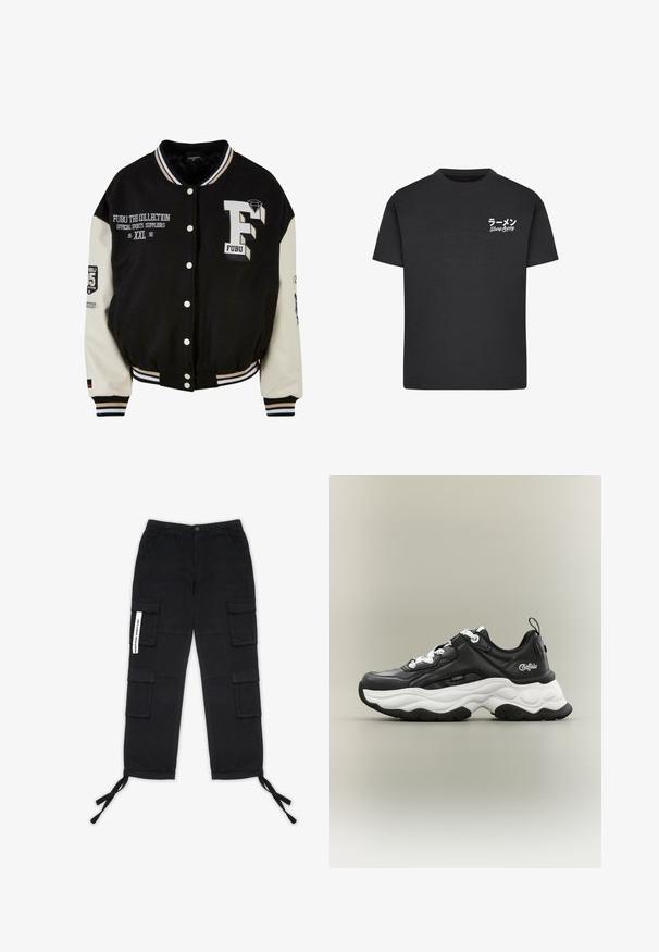 Sort varsity-jakke med cremefarvede ærmer, der har broderet FUBU-logo, tekstdetaljer og trykknapper. Ribbet krave og manchetter. Størrelse XXL.; Sort bomulds T-shirt med rund hals. Har hvid tekst, inklusive japanske tegn og "Slurp Away," på venstre brystområde.; Pegador TANAMI WIDE PANTS - Cargobukser - black; Sort-hvid chunky sneaker med tyk tekstureret sål og hvide snørebånd, mærket "Buffalo" på siden og hælen, vist i profil.