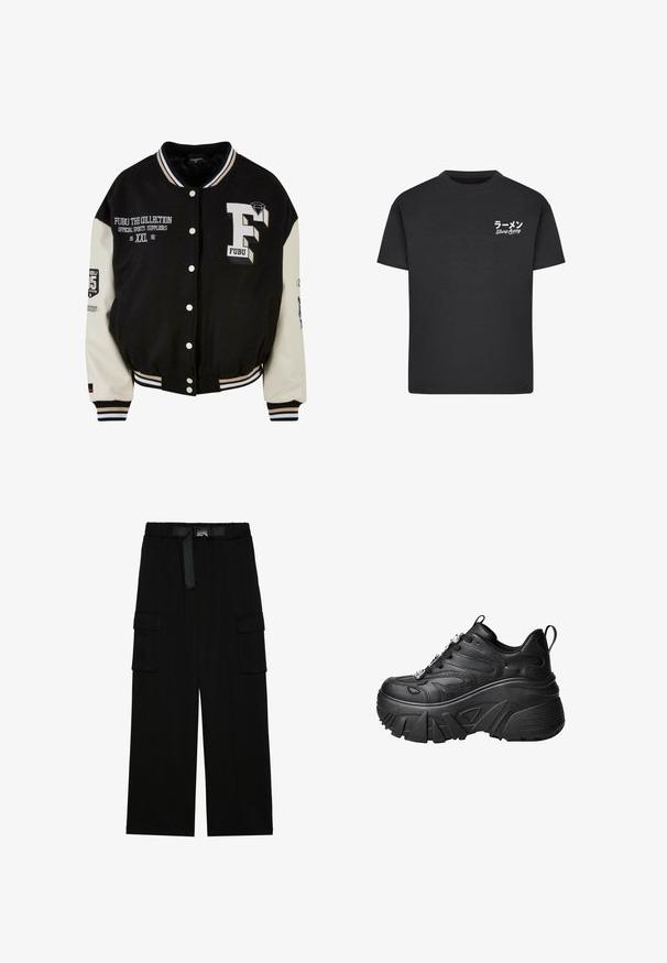 Schwarze Collegejacke mit cremefarbenen Ärmeln, ausgestattet mit gesticktem FUBU-Logo, Textdetails und Druckknöpfen. Gerippter Kragen und Bündchen. Größe XXL.; Schwarzes Baumwoll-T-Shirt mit Rundhalsausschnitt. Mit weißem Text, einschließlich japanischer Schriftzeichen und "Slurp Away", auf der linken Brustseite.; Schwarze Cargohosen mit weitem Bein, elastischem Bund und einem Gürtel sowie zwei großen Seitentaschen für zusätzlichen Stauraum.; Schwarze Plateausneaker mit geschwungener Form, strukturiertem Leder, dickem Gummisohle und dekorativen Beschlägen an den Schnürsenkeln.