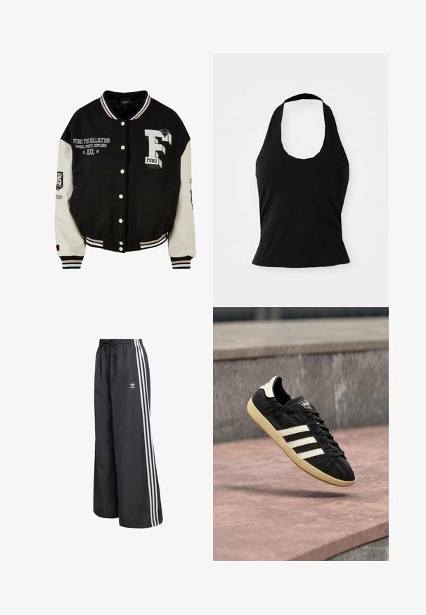 Schwarze Collegejacke mit cremefarbenen Ärmeln, ausgestattet mit gesticktem FUBU-Logo, Textdetails und Druckknöpfen. Gerippter Kragen und Bündchen. Größe XXL.; Schwarzes Halftertop aus weichem Stoff, mit einem U-Bootausschnitt und einer figurschmeichelnden Silhouette, glatter Textur und ohne sichtbare Muster.; Schwarze Sporthose aus leichtem Material, mit drei weißen vertikalen Streifen und einem elastischen Bund mit Kordelzug.; Schwarzer Adidas-Sneaker mit weißen Streifen und beiger Sohle, in der Luft über einer steinernen Oberfläche und mit Steinwand im Hintergrund aufgenommen.
