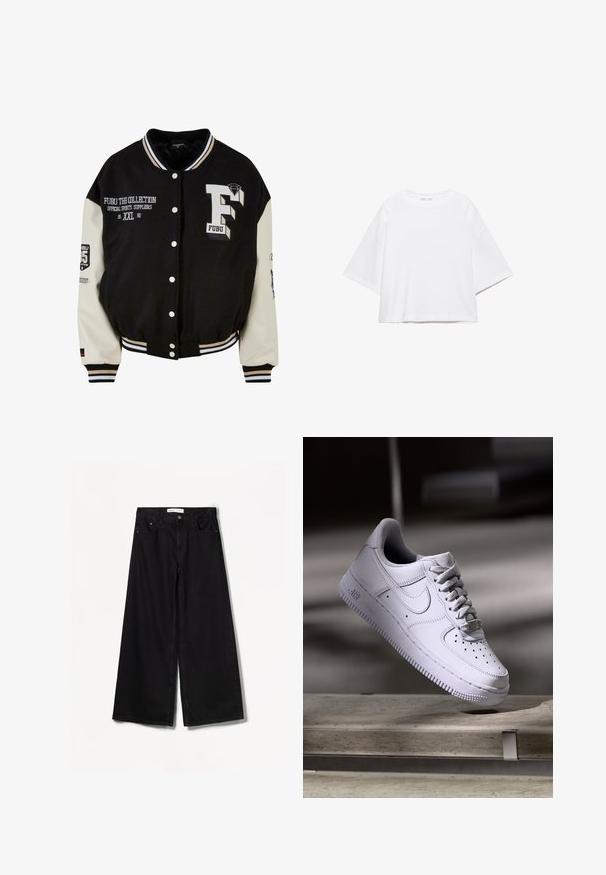 Sort varsity-jakke med cremefarvede ærmer, der har broderet FUBU-logo, tekstdetaljer og trykknapper. Ribbet krave og manchetter. Størrelse XXL.; Hvid, kortærmet, løs t-shirt lavet af blød bomuld. Har rund halsudskæring og brede ærmer, med et rent, enkelt design.; Sorte bredbenede jeans lavet af denim. Har en høj talje, for- og baglommer samt sølvfarvet hardware på knap- og lynlåslukningen.; Hvid Nike Air Force 1 sneaker svævende over en betonoverflade med skygger i et minimalistisk miljø.