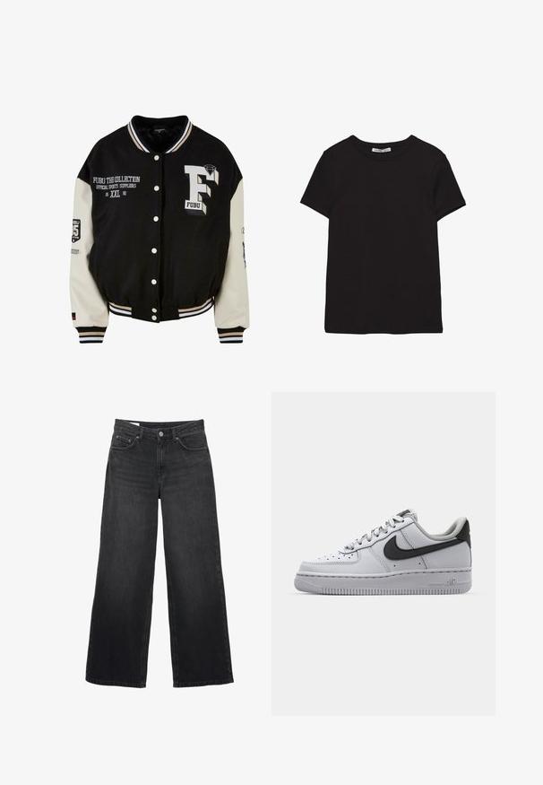 Schwarze Collegejacke mit cremefarbenen Ärmeln, ausgestattet mit gesticktem FUBU-Logo, Textdetails und Druckknöpfen. Gerippter Kragen und Bündchen. Größe XXL.; Schwarzes, kurzärmliges Baumwoll-T-Shirt mit rundem Halsausschnitt, Standardpassform und sichtbarem innerem Nackenetikett.; Schwarze Jeans mit weitem Bein und hoher Taille, vorne mit Knopf- und Reißverschluss, Gürtelschlaufen und Fünf-Taschen-Design.; Weißes Leder-Sneaker mit grauen Akzenten, runde Zehenpartie, strukturierte Oberfläche, gepolsterter Kragen und kontrastierendes schwarzes Swoosh-Logo. Luftgepolsterte Sohle.