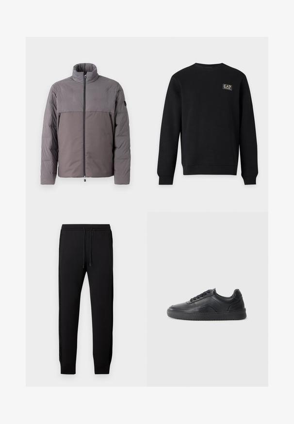 Graue gepolsterte Jacke mit hohem Kragen, Frontreißverschluss, zwei Reißverschlusstaschen und kontrastierendem Oberpaneeldesign.; Schwarzes Sweatshirt mit Rundhalsausschnitt und langen Ärmeln mit kleinem weißem EA7 Emporio Armani Logo auf der oberen linken Brust.; Schwarze Jogginghose mit Kordelzugbund, elastischen Bündchen, Seitentaschen und Satin-Streifen entlang der Außennähte.; Schwarze Leder-Sneaker mit glatter Oberfläche, abgerundeter Zehenpartie, strukturiertem Seitenpaneel und schwarzen Schnürsenkeln. Verfügt über eine flache Gummisohle und ein minimalistisches Design.