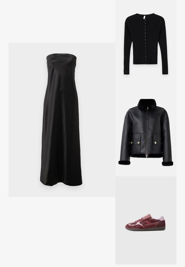 Zwarte leren jas met een nepleren kraag, ritssluiting, gouden hardware en twee voorkruiszakken, met een cropped ontwerp en een zachte textuur.; Zwarte geribbelde cardigan met een ronde hals, mouwen tot aan de pols en een knoopsluiting aan de voorkant met acht zwarte knopen.; Zwart strapless maxi-jurk van satijnen materiaal, met een eenvoudig ontwerp, een gladde textuur en een vloeiende silhouet.; Rode suède sneakers met een gladde neus, textuurpanelen aan de zijkanten, tonale veters en een klittenbandsluiting. Heeft een duurzame zwarte rubberen buitenzool.