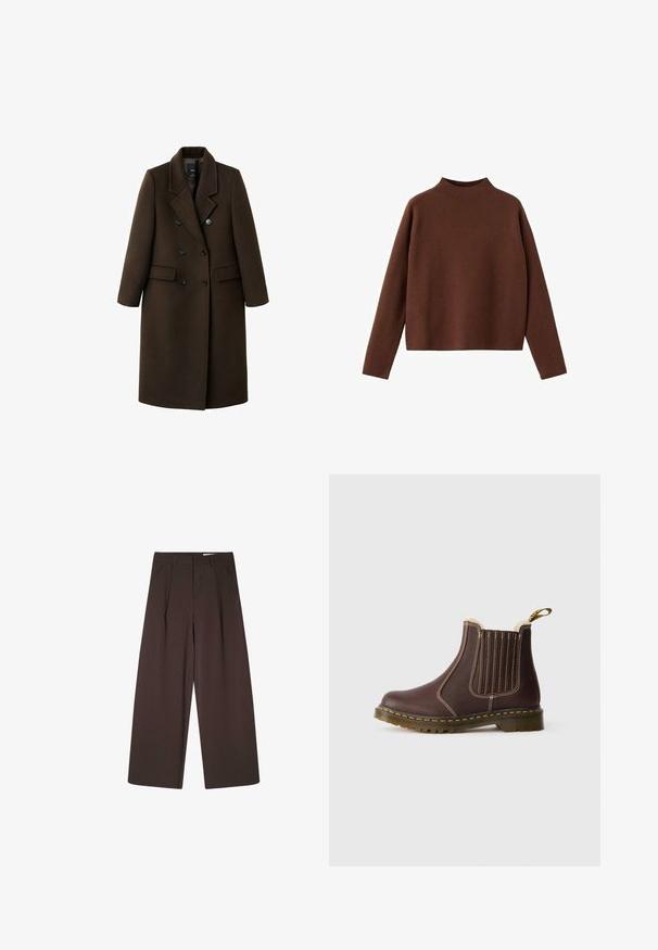 Brun uldblandingsfrakke med dobbeltknaplukning, spidse revers, to sidelommer og knapdetaljer. Lange ærmer og mellemlang skæring.; Kastanjebrun, langærmet sweater med en høj halsudskæring. Fremstillet af et blødt, tekstureret stof. Har en afslappet, kasseformet silhuet og et minimalistisk design.; Brune bukser med brede ben og lodrette nålestriber, med høj talje, plisseret front og en glat tekstur. Ingen synlige lukninger eller lommer.; Brune læder Chelsea støvle med gule sømme, elastiske sidestykker, pelsfor og gennemsigtig gummisål på hvid baggrund.