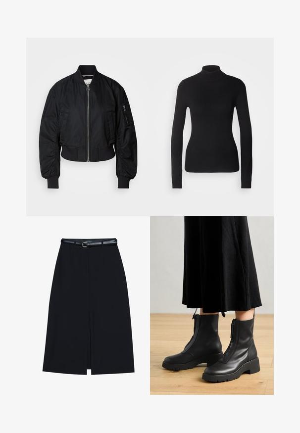 Chaqueta bomber negra hecha de tela suave, con cierre de cremallera frontal, puños acampanados y un diseño corto con un sutil detalle fruncido en las mangas.; Suéter negro de cuello alto hecho de un tejido de punto ligero. Presenta mangas largas, un diseño ajustado y una suave textura acanalada.; Falda negra hasta la rodilla con una abertura en la parte delantera, hecha de tejido suave. Presenta un delgado cinturón negro con una hebilla plateada y pasadores para el cinturón.; Botas de tobillo de cuero negro con suela de plataforma gruesa y cremallera delantera. Textura suave con un diseño minimalista.