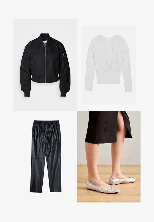 Chaqueta bomber negra hecha de tela suave, con cierre de cremallera frontal, puños acampanados y un diseño corto con un sutil detalle fruncido en las mangas.; Top de manga larga gris claro, hecho de una tela suave, con una cintura ajustada que presenta detalles acampanados y un cuello redondo.; Pantalones de imitación cuero negros con cintura elástica, cordón ajustable y dos bolsillos frontales. Presentan un corte holgado y cónico, además de una textura suave.; Bailarinas de lentejuelas beige con puntera redondeada, que presentan un lazo decorativo, combinadas con una falda negra, exhibidas sobre un suelo de madera.