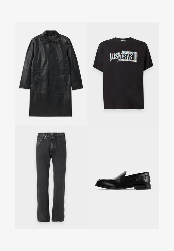Zwarte leren lange jas met een puntige kraag, knoopsluiting aan de voorkant en twee schuine zijzakken, plat weergegeven op een witte achtergrond.; Zwart T-shirt met korte mouwen met het logo "Just Cavalli" tekst gedeeltelijk gevuld met een kleurrijk bloemmotief op het middenvoor.; Zwarte straight-leg spijkerbroek met knoop- en ritssluiting aan de voorkant, voor- en achterzakken, afgebeeld tegen een witte achtergrond.; Zwarte leren instapschoen met lage hak, afgeronde neus en decoratieve stiksels langs de bovenrand.